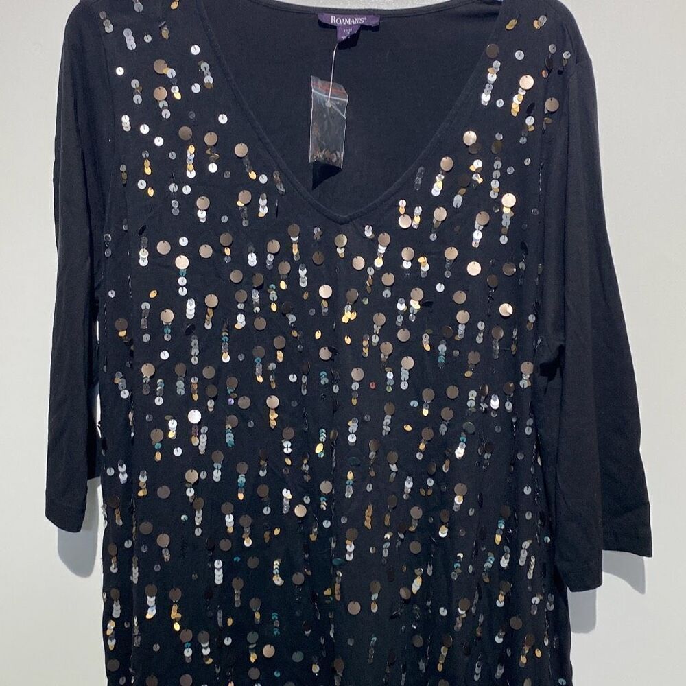 Roamans Plus‎ Size 1X Black V-Neck Top Multi-Tonal Sequin 3/4 Sleeve Knit Tunic